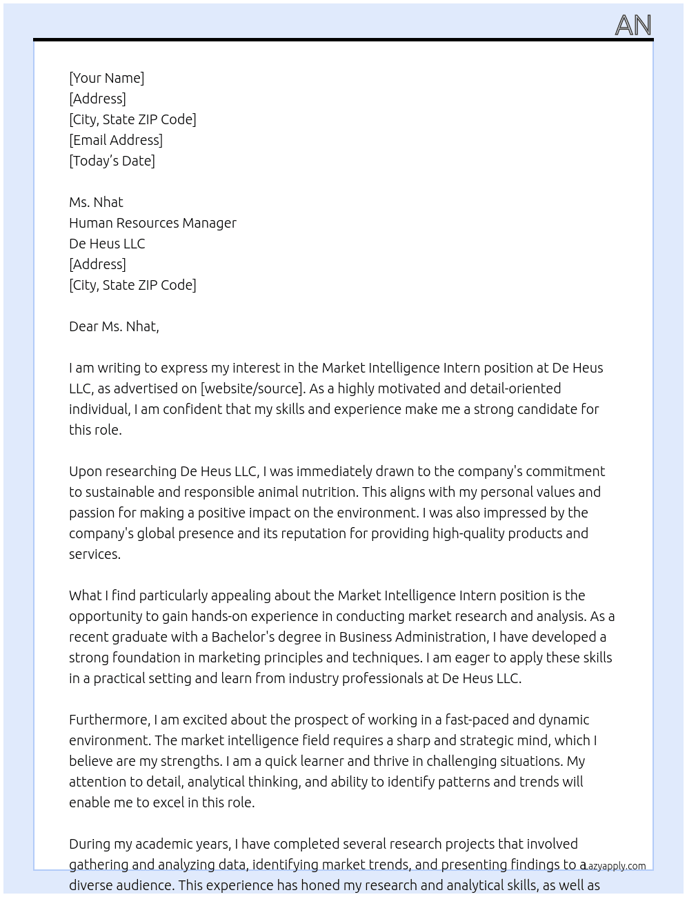 Market Intelligence Intern At De Heus LLC Cover Letter