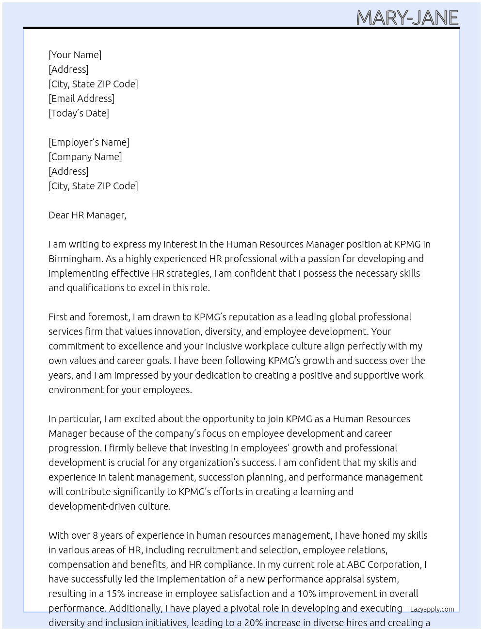 Human Resources manager At KPMG Cover Letter