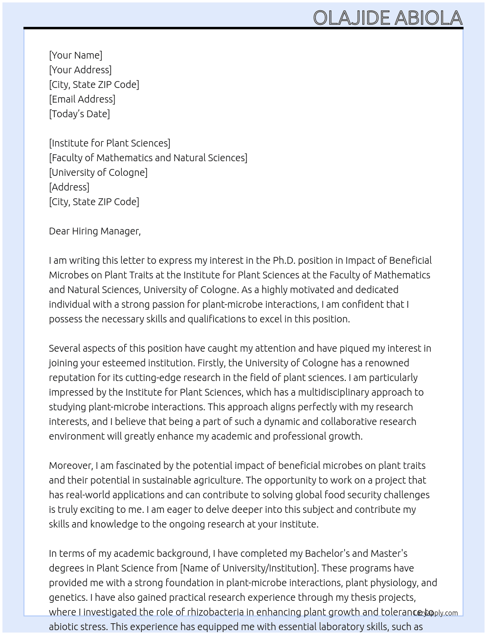 Phd  in IMPACT OF BENEFICIAL MICROBES ON PLANT TRAITS At  University of Cologne Germany; Cover Letter
