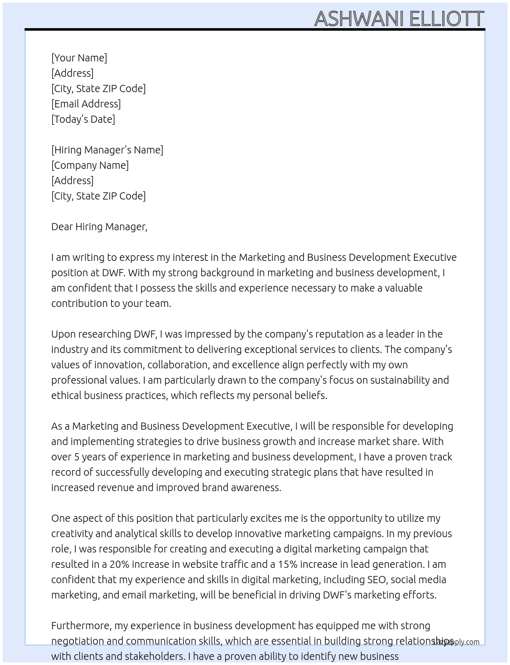 Marketing and BD Executive At DWF Cover Letter