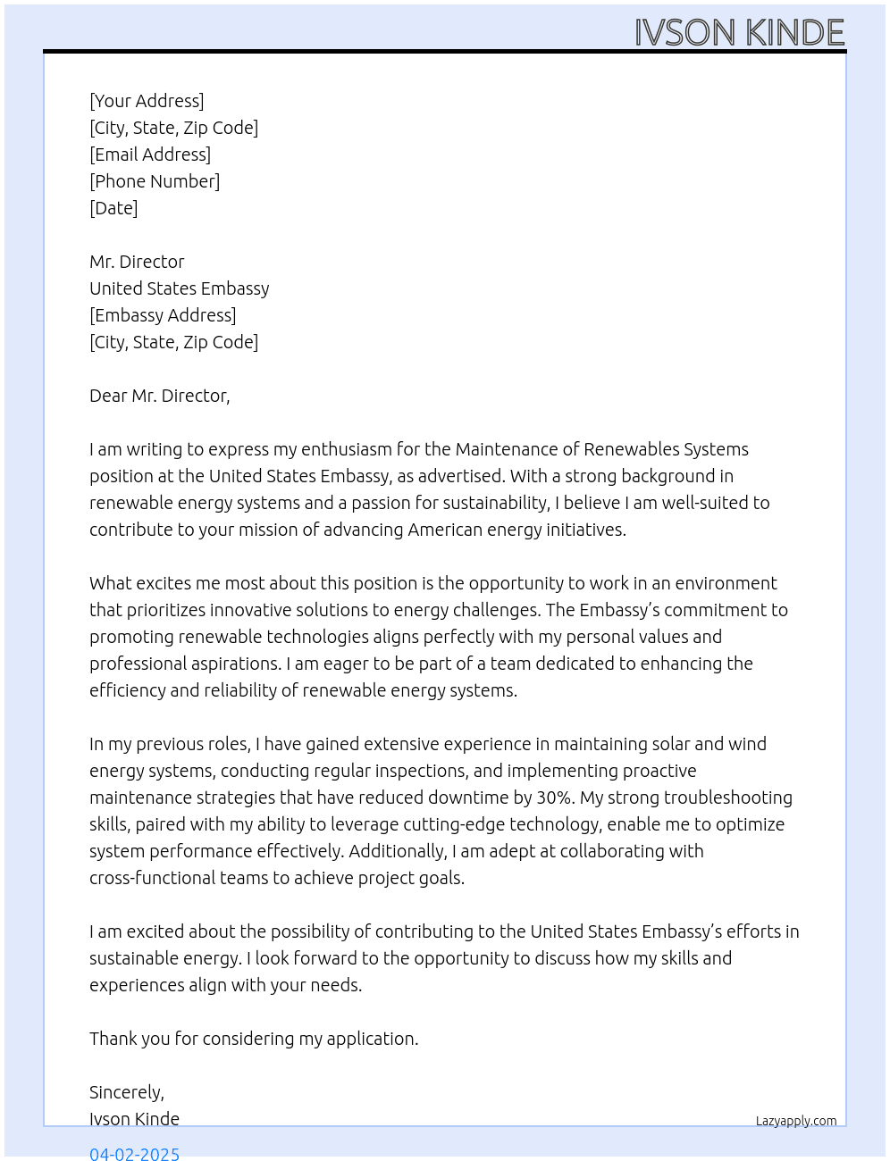 Maintenance of renewables systems At United States Embassy Cover Letter