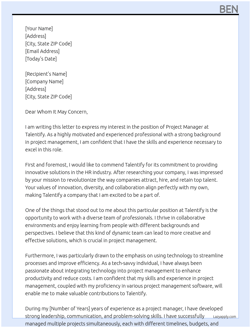 Project Manager At Talentify Cover Letter