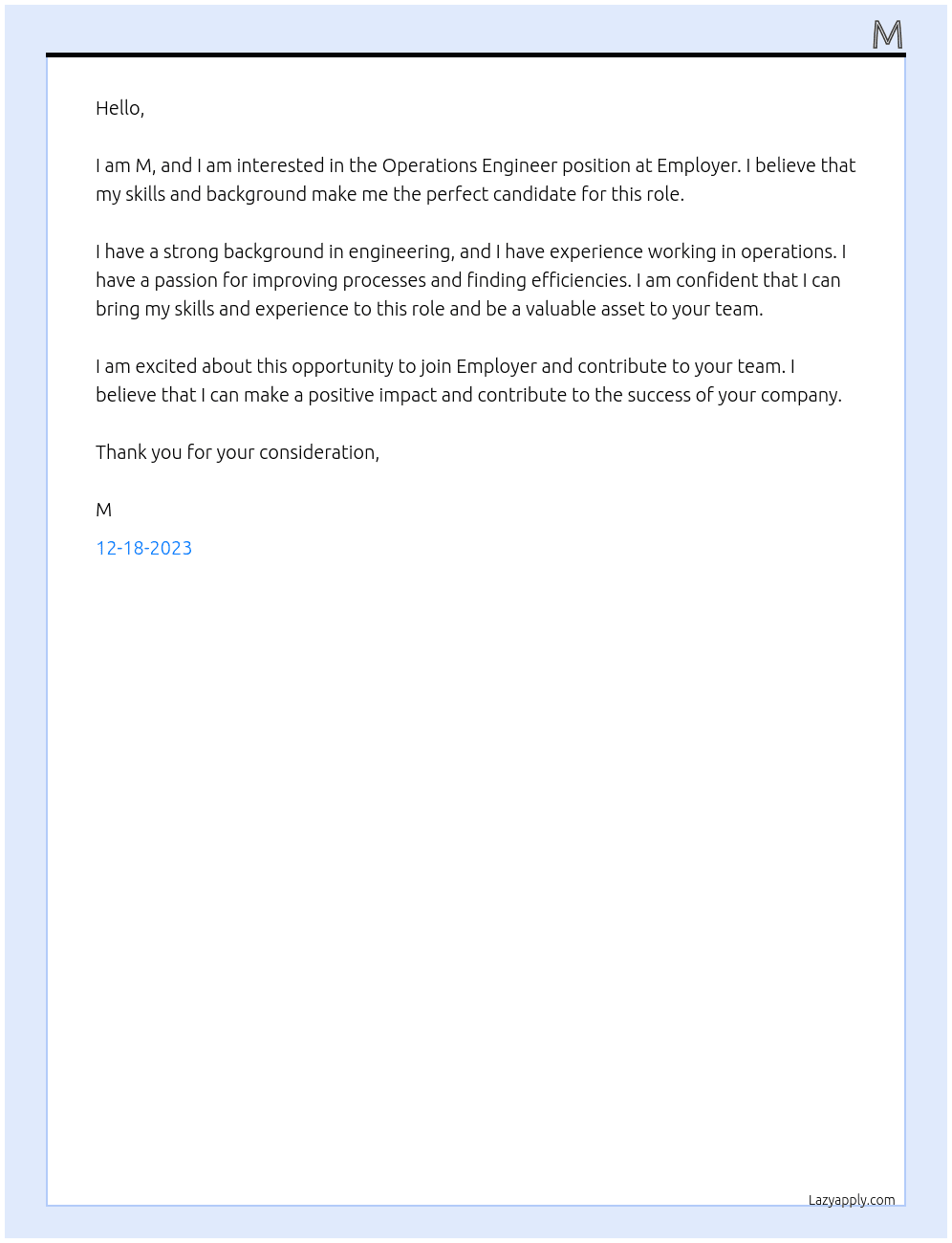 Operations Engineer At Employer  Cover Letter