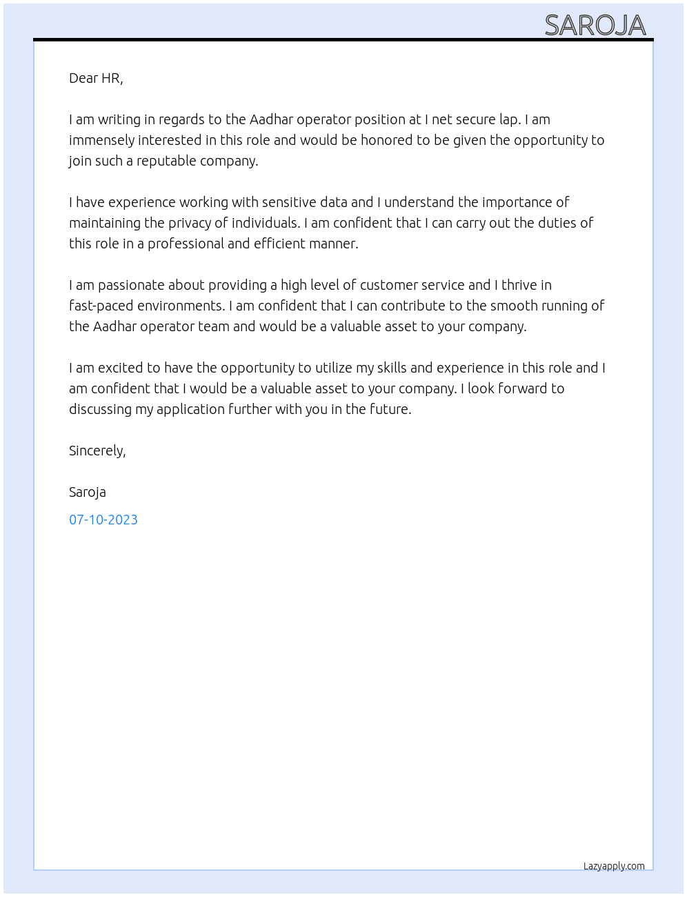 Aadhar operator At I net secure lap Cover Letter