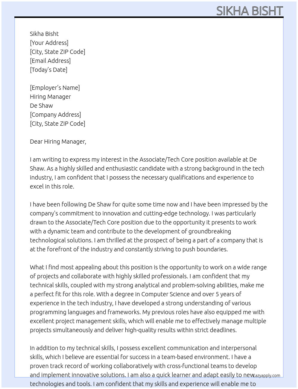 Cover letter for associate / tech core - LazyApply