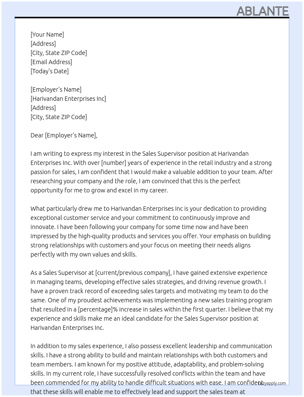 Sales supervisor – retail At Harivandan Enterprises Inc Cover Letter