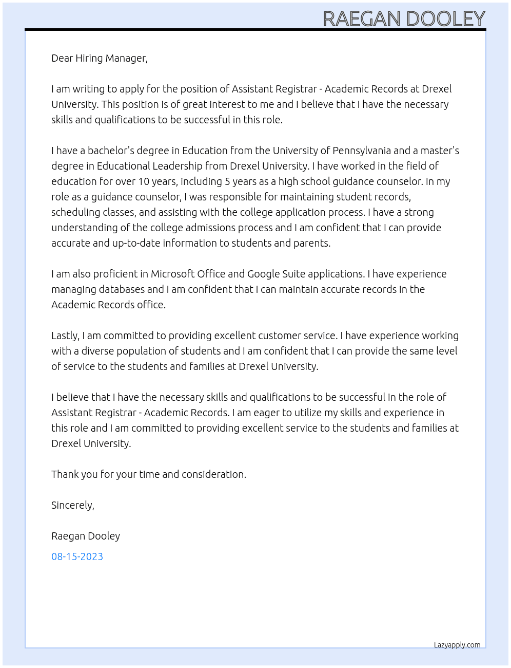  Assistant Registrar - Academic Records At Drexel University Cover Letter