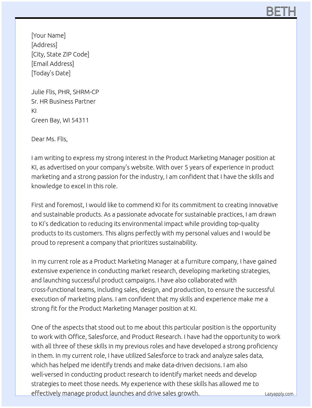 Product Marketing Manager At KI Cover Letter