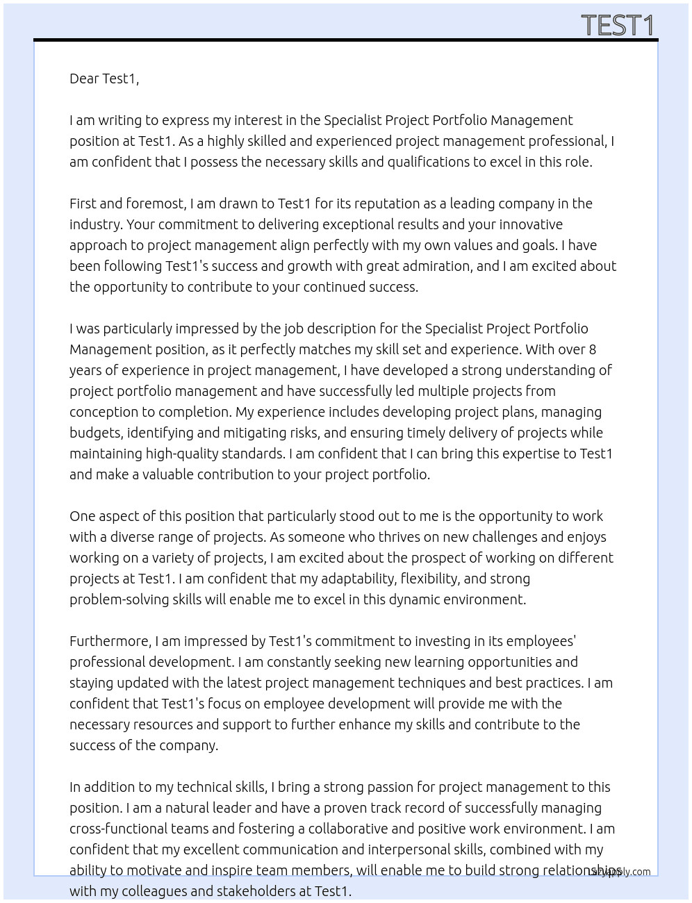 Specialist Project Portfolio Management At Test1 Cover Letter