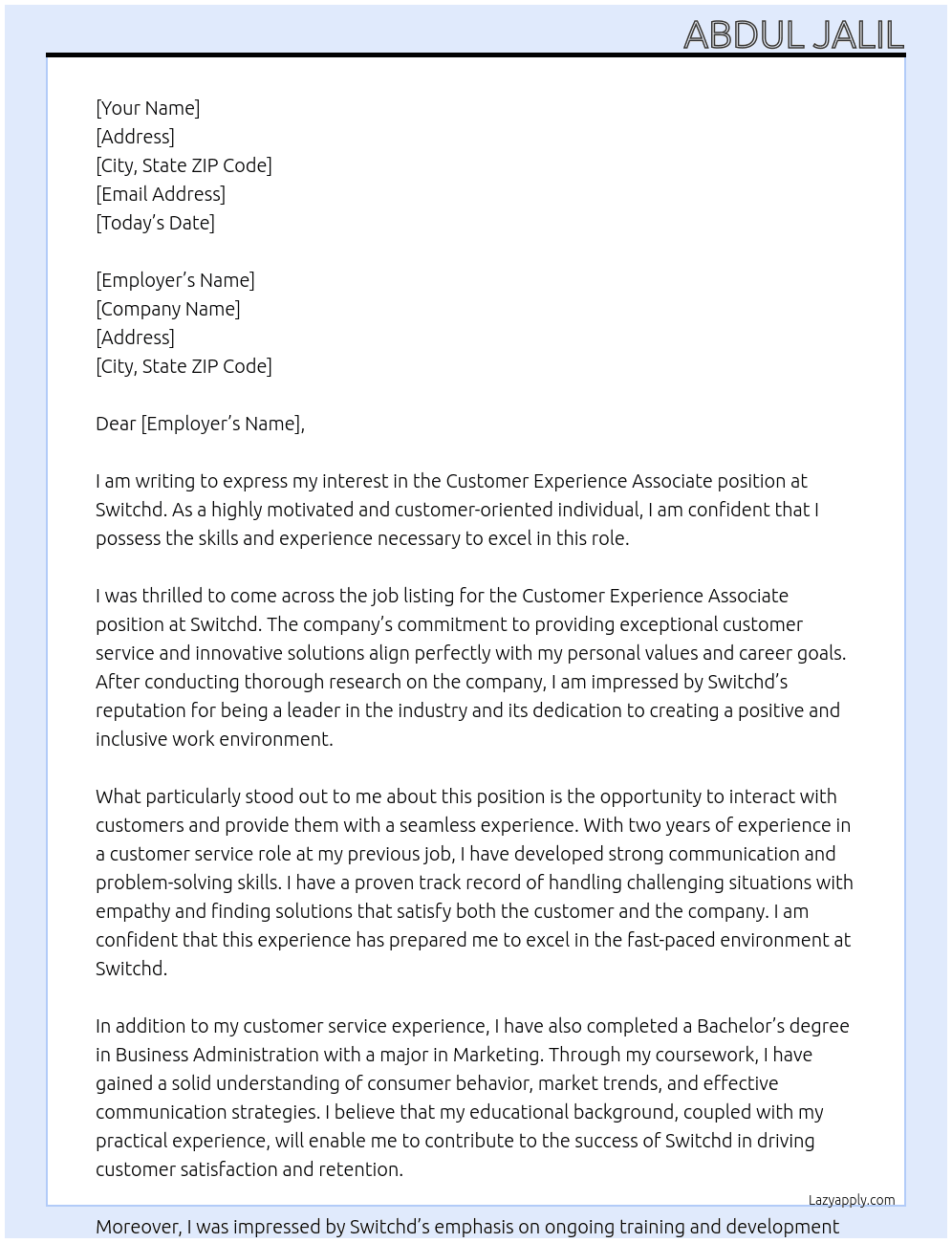 Customer Experience Associate At Switchd Cover Letter