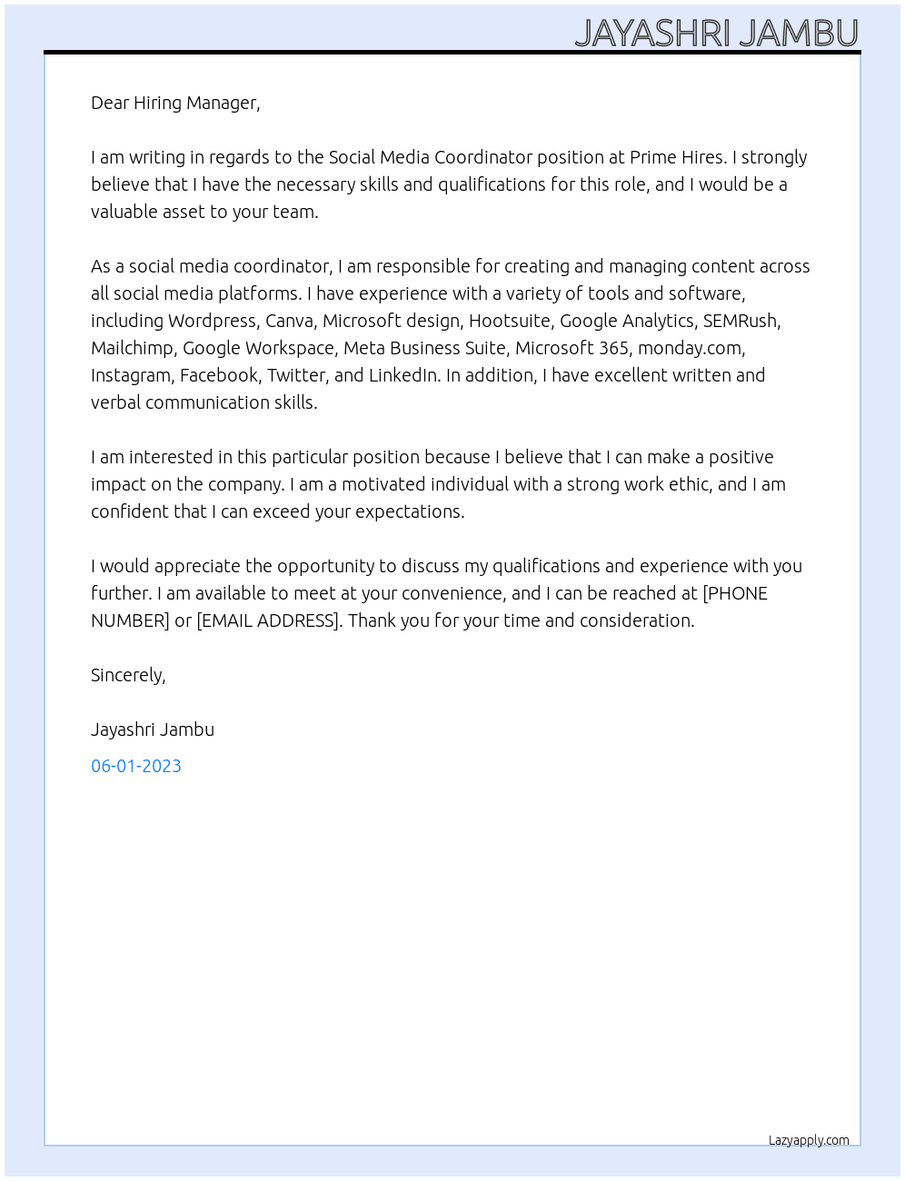 Social Media Coordinator At Prime Hires Cover Letter