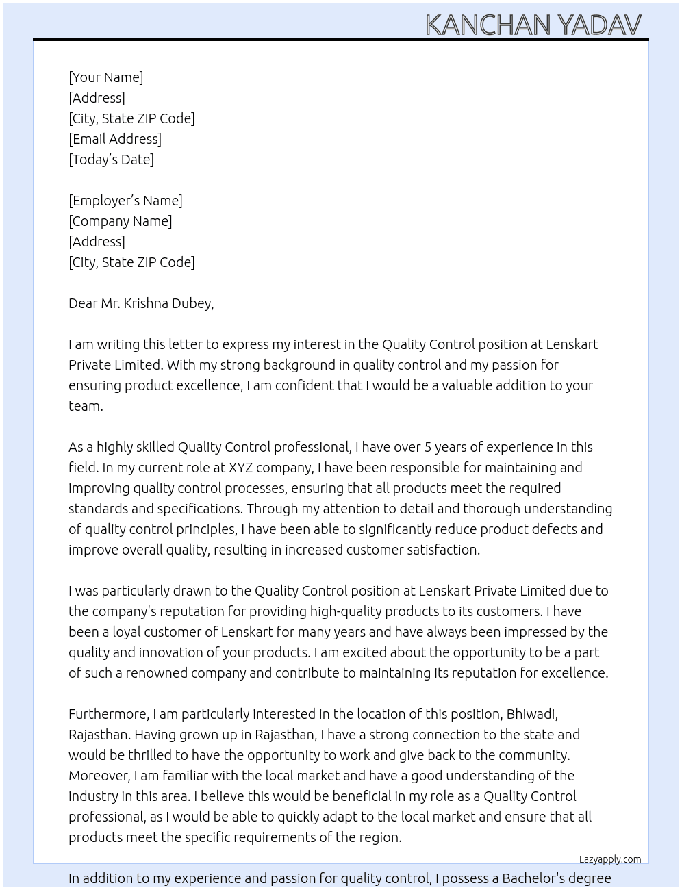 Quality control  At Lenskart privet limited  Cover Letter