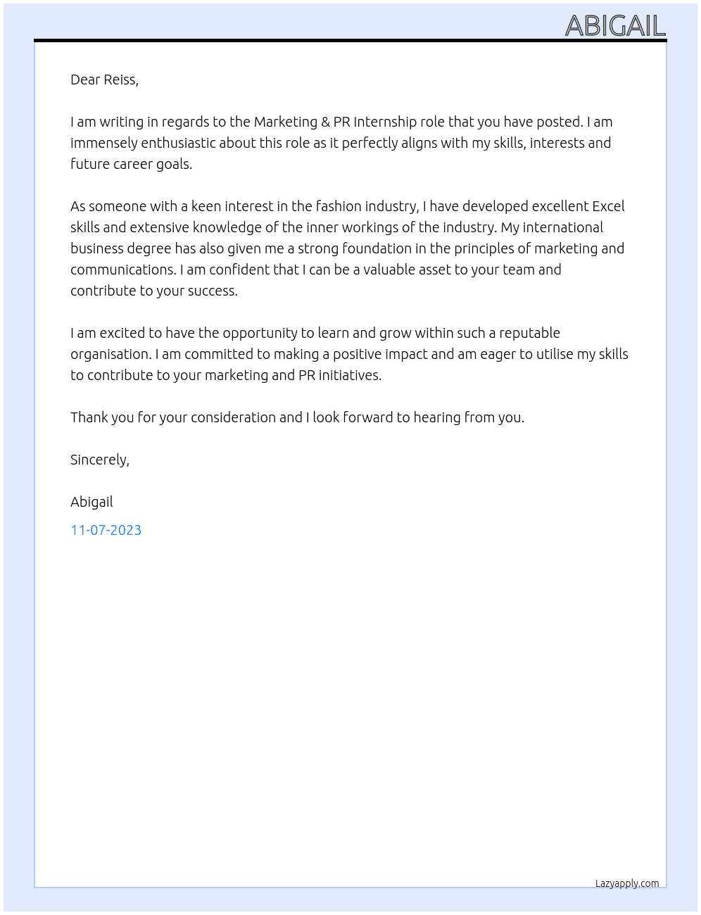 Marketing & PR  At Reiss Cover Letter