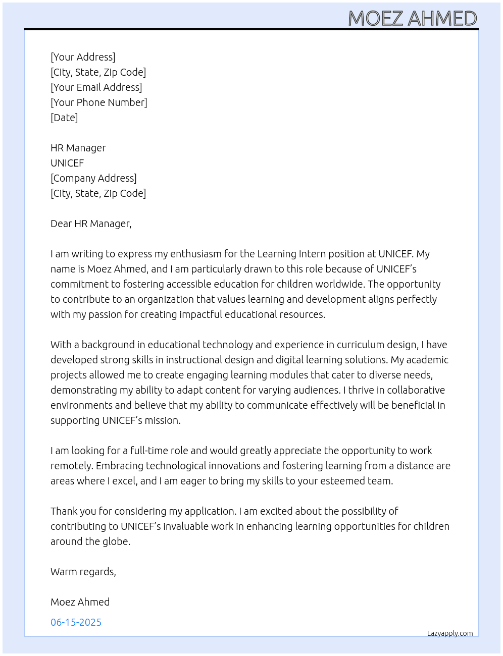 Cover letter for learning intern - LazyApply