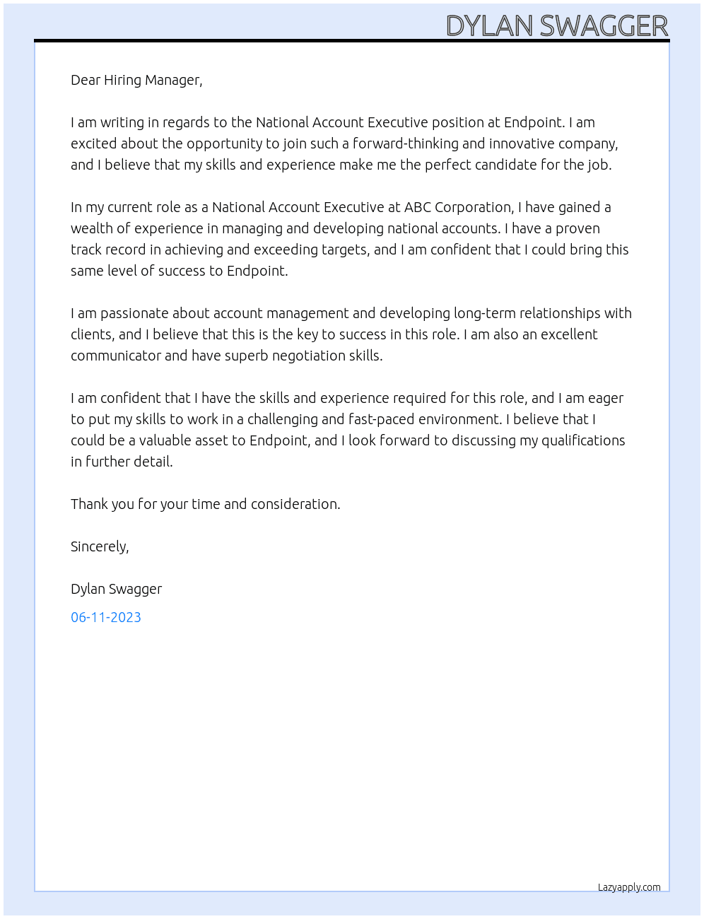 National Account Executive At Endpoint Cover Letter