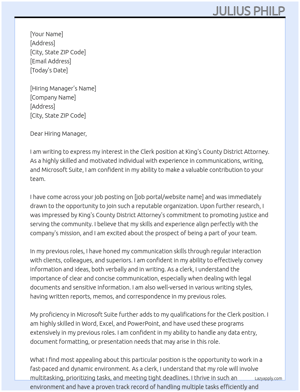 Clerk At King's County District Attorney Cover Letter