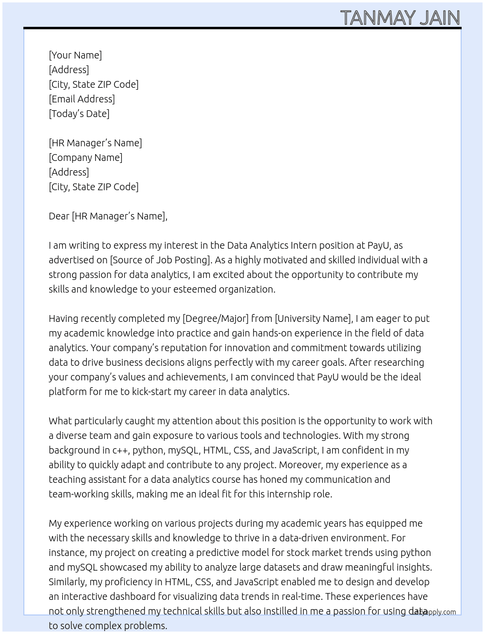 Data Analytics Intern At PayU Cover Letter