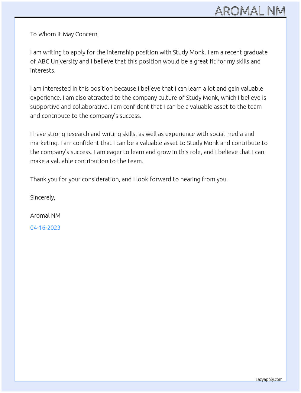 Internship At Study Monk Cover Letter