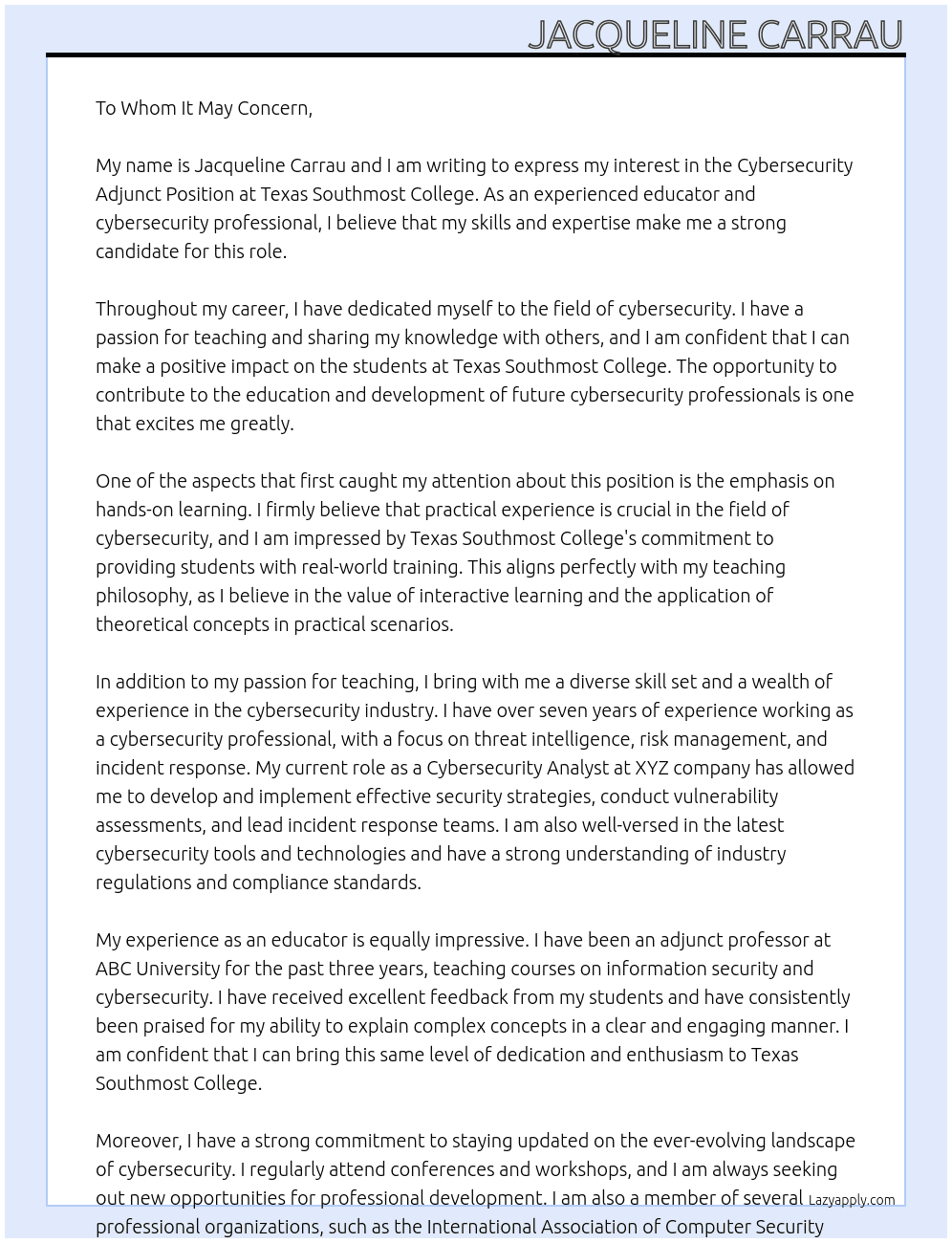 adjunct professor At Texas Southmost College  Cover Letter