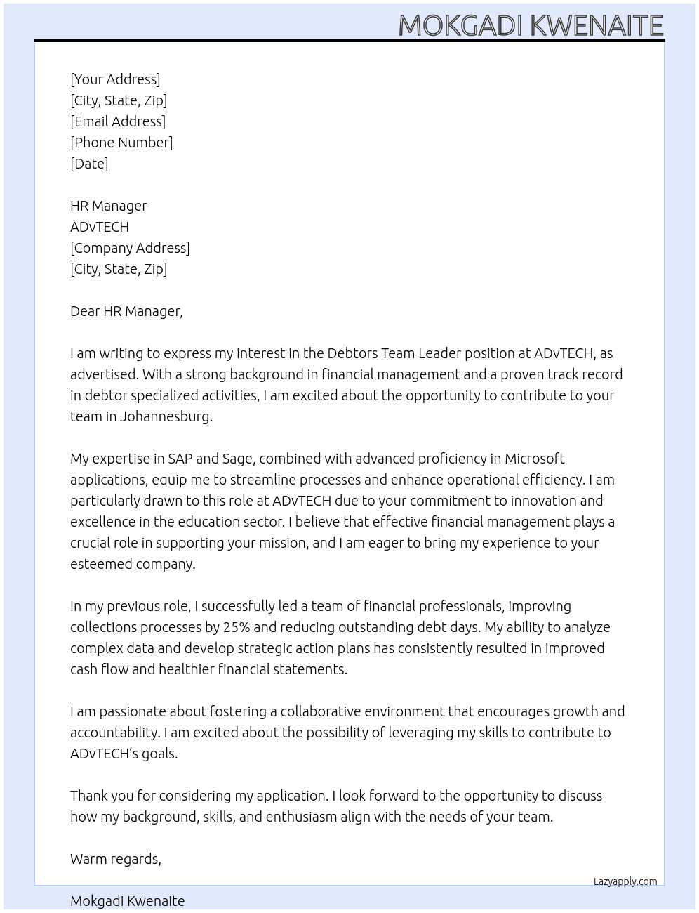 Debtors team leader At ADvTECH Cover Letter
