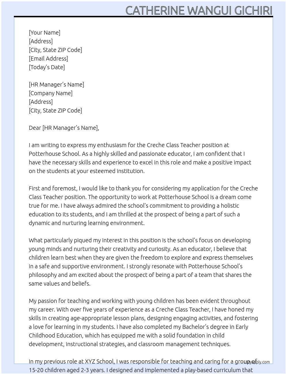 Creche class teacher  At Potterhouse School  Cover Letter