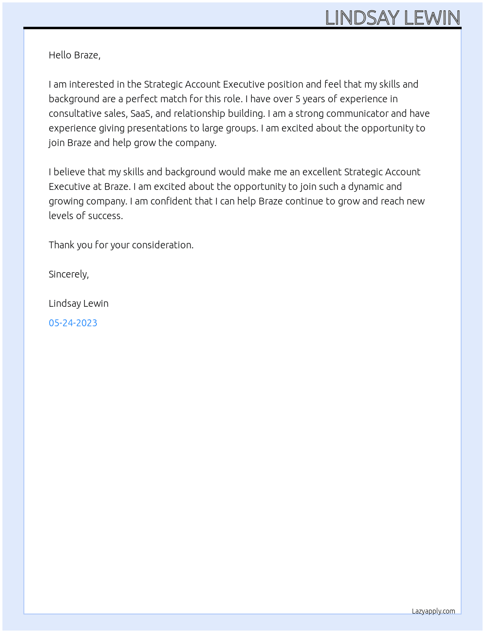Strategic Account Executive At Braze Cover Letter