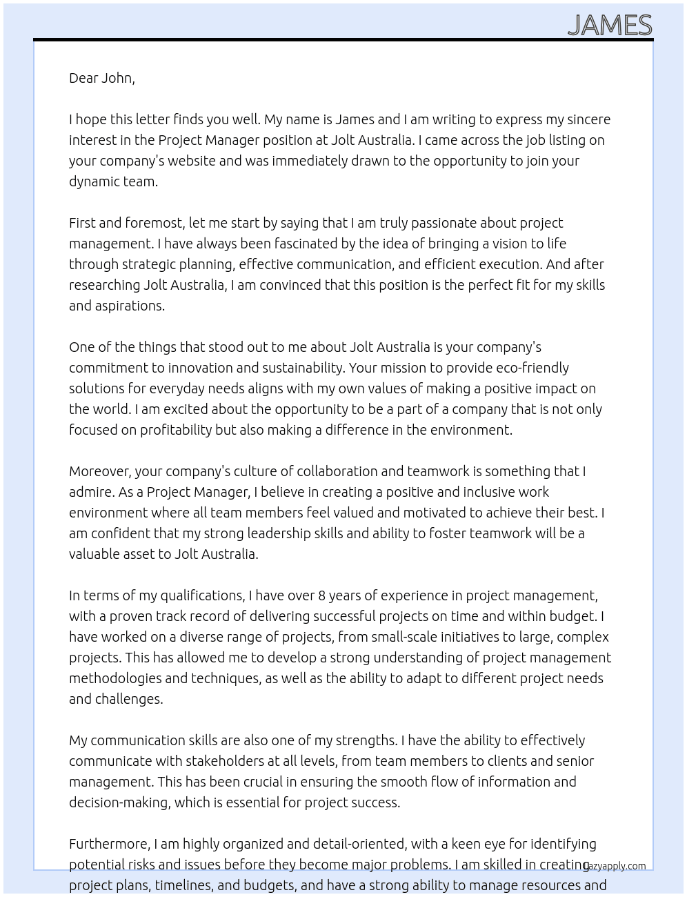 Project Manager At Jolt Australia Cover Letter