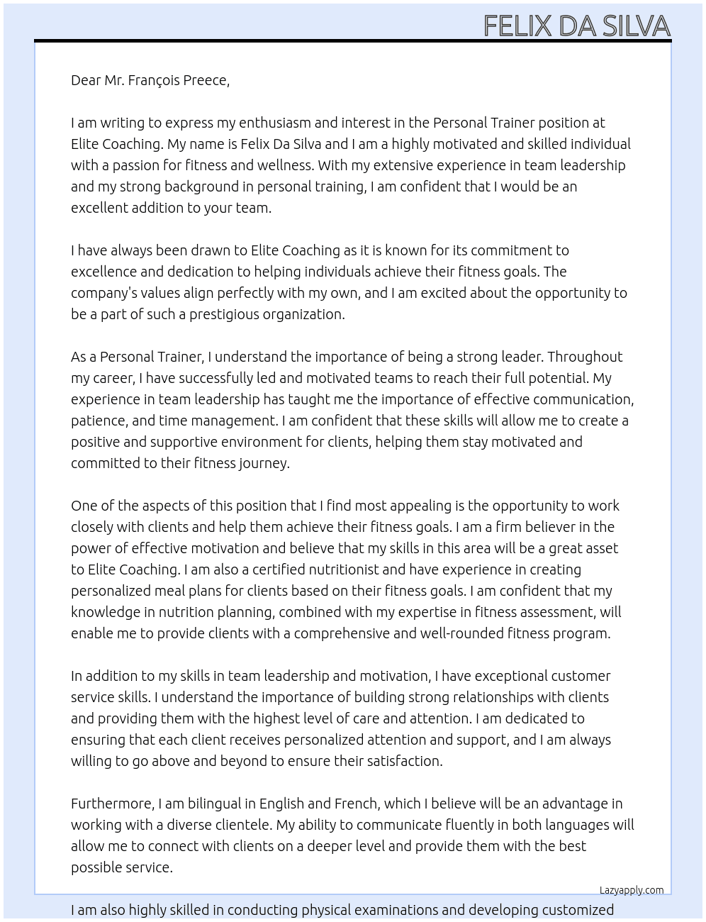 Personal Trainer At Elite Coaching Cover Letter