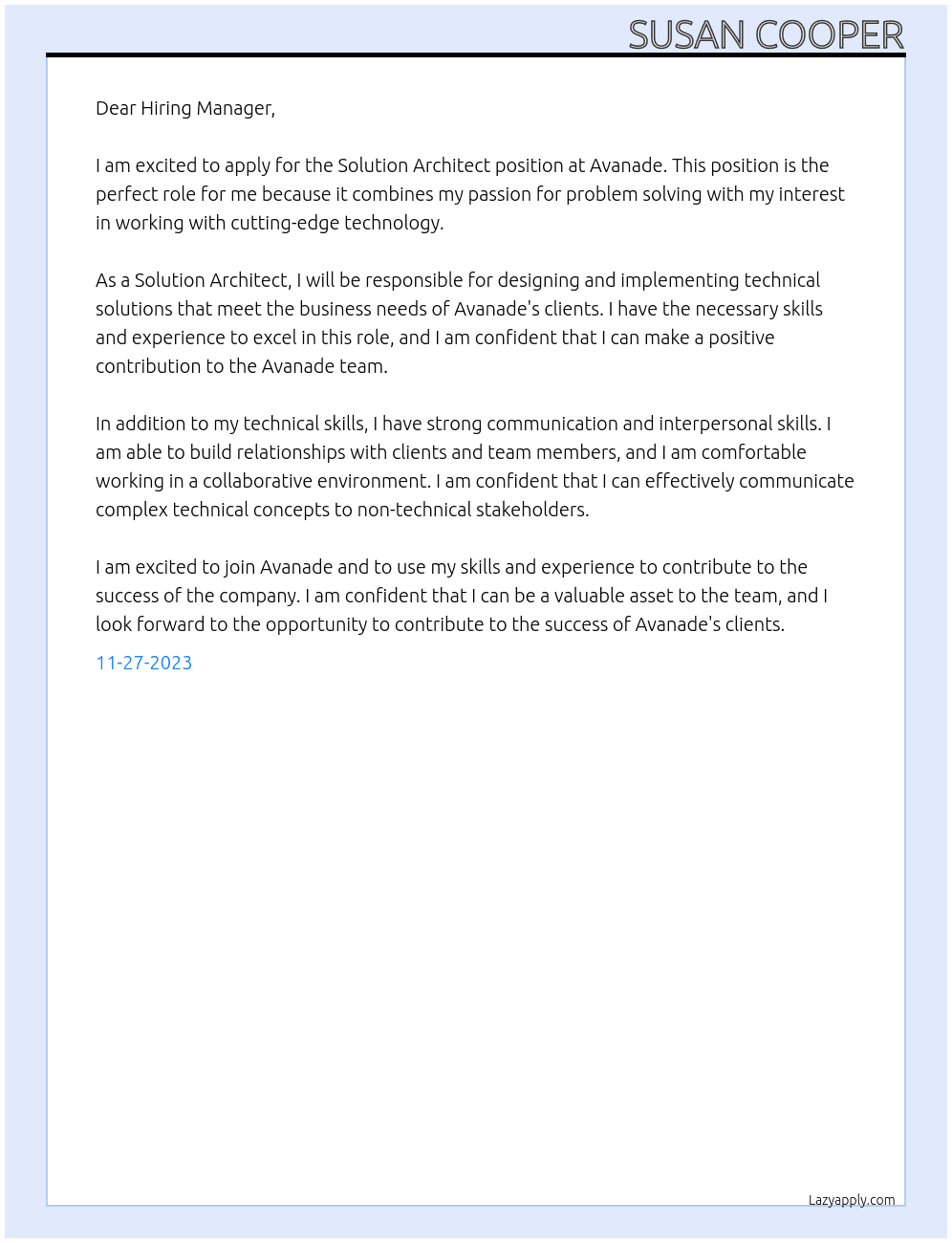 Solution Architect At Avanade Cover Letter