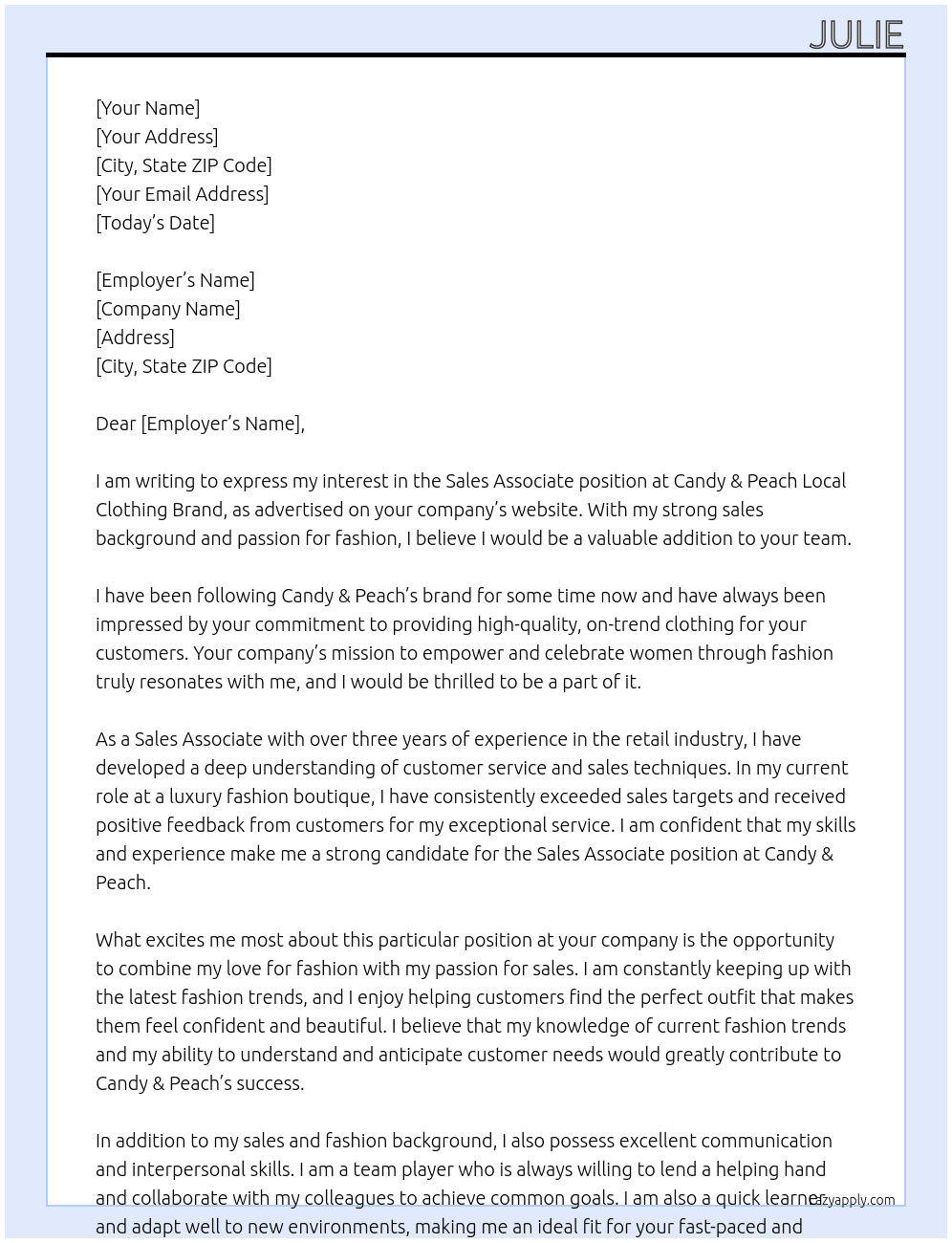 Sales Association At Candy & peach local clothing brand Cover Letter