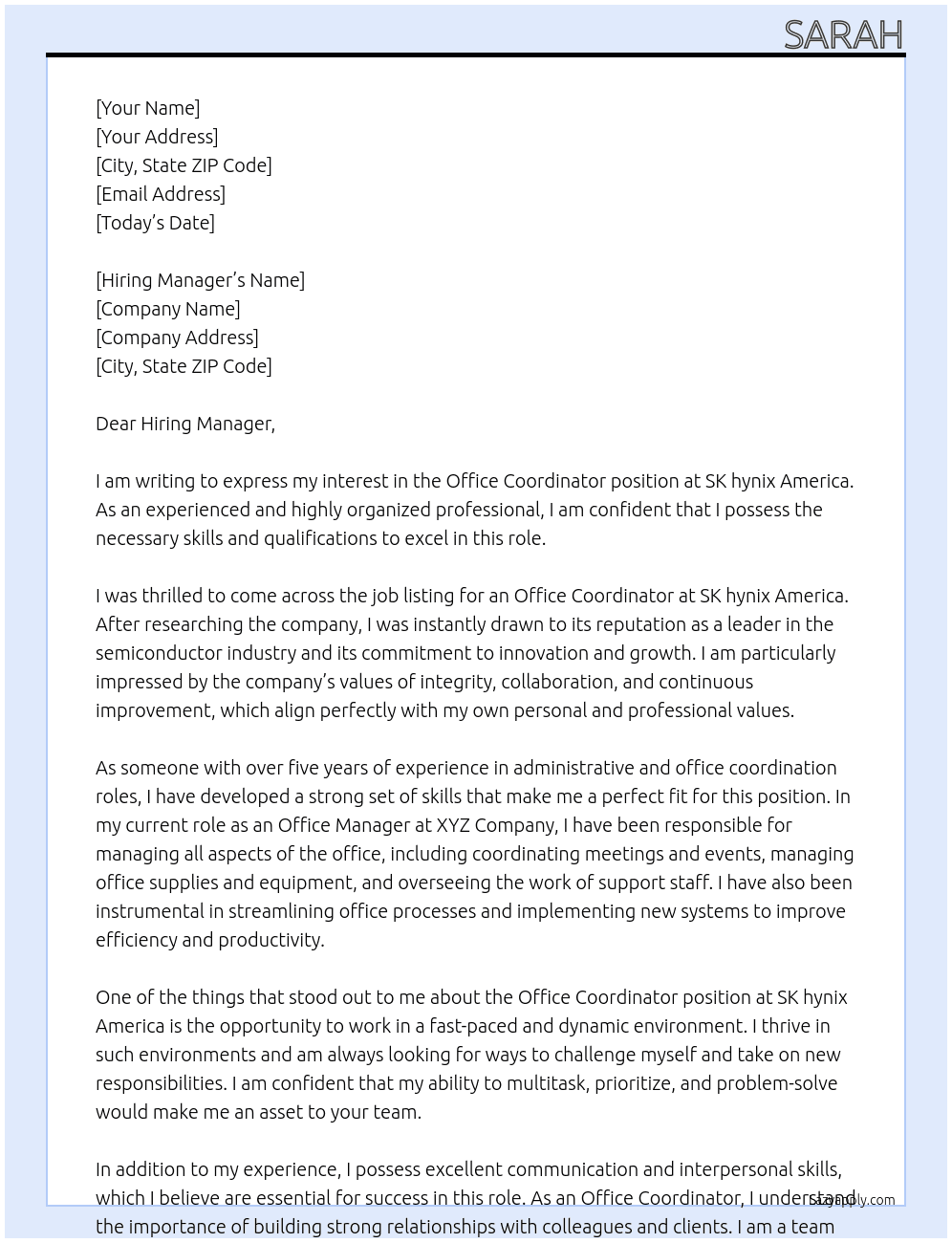 Office coordinator At SK hynix America Cover Letter
