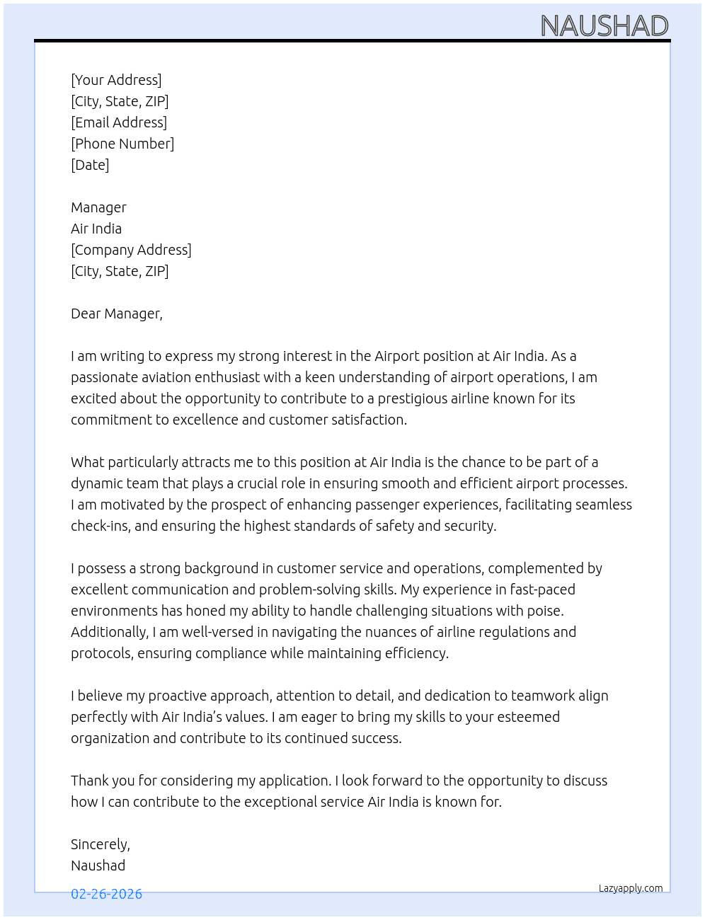 Airport At Air India Cover Letter