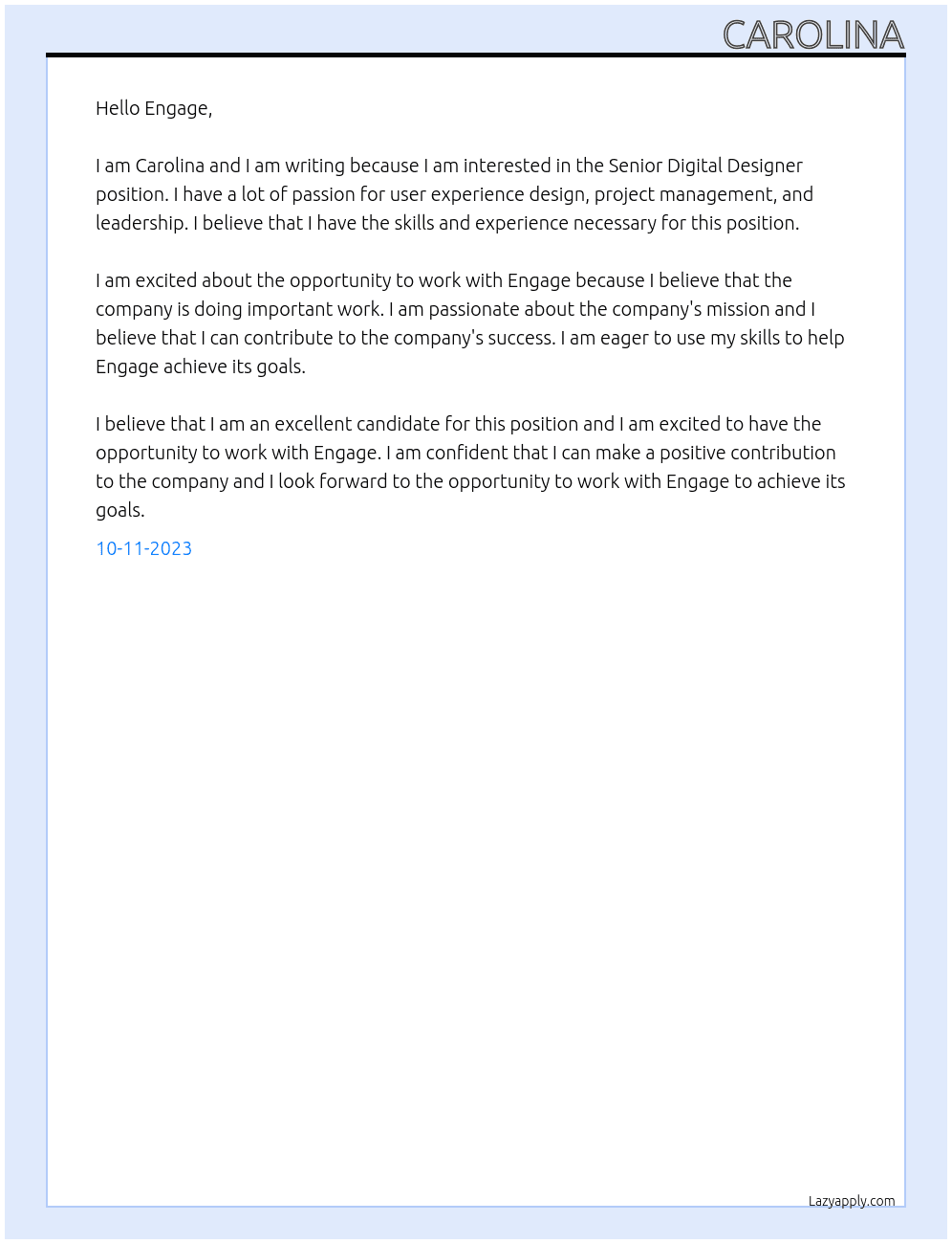 Senior Digital Designer At Engage Cover Letter