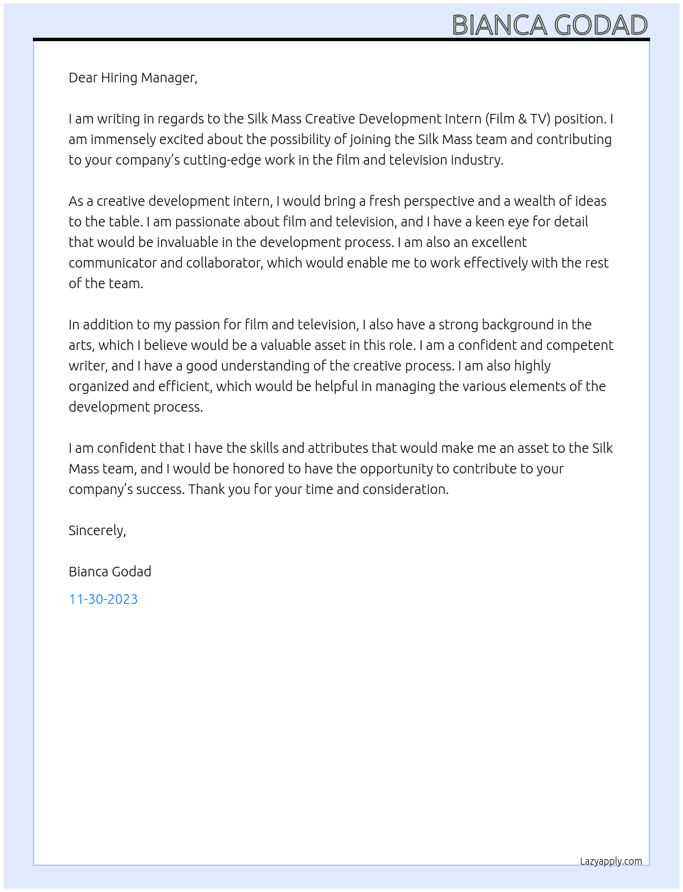 Silk Mass Creative Development Intern (Film & TV)  At Silk Mass Cover Letter