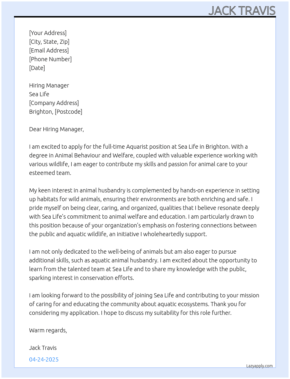 Aquarist At Sea Life Cover Letter