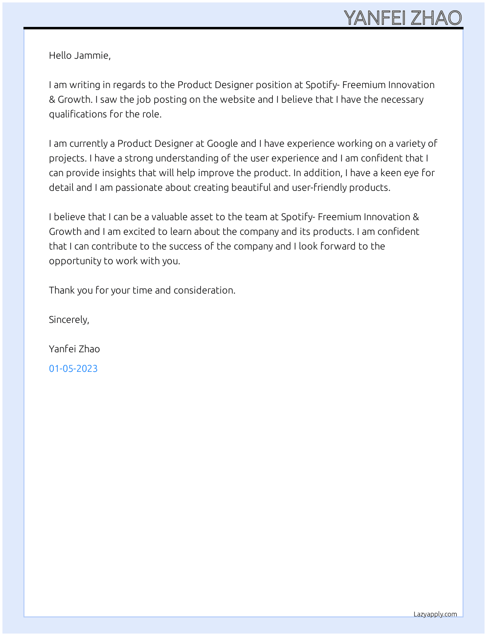 Product Designer At Spotify- Freemium Innovation & Growth Cover Letter