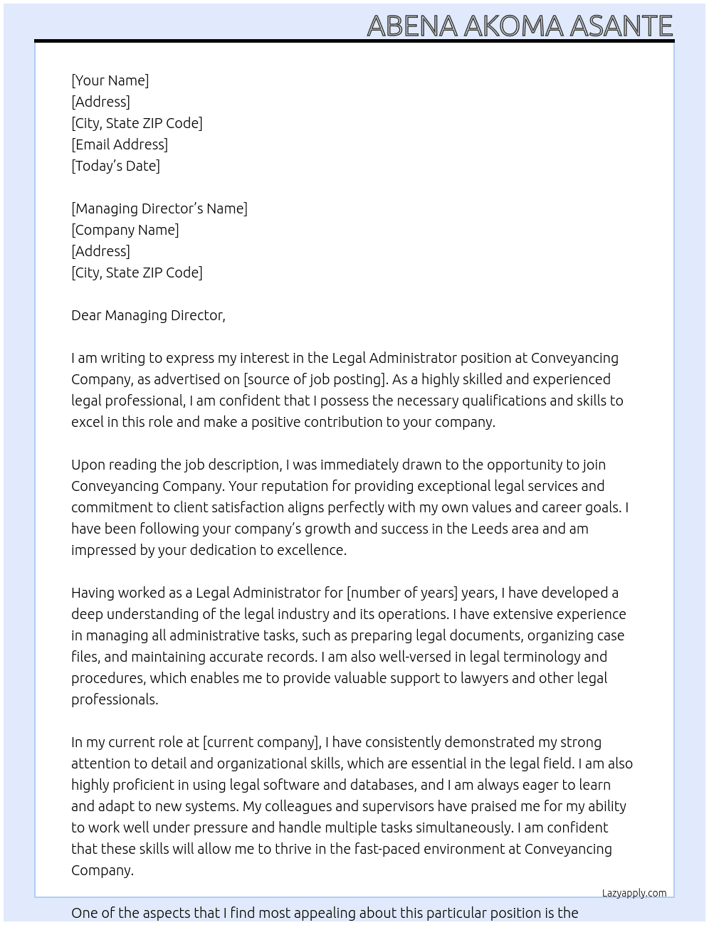 Legal Administrator  At Conveyancing company  Cover Letter