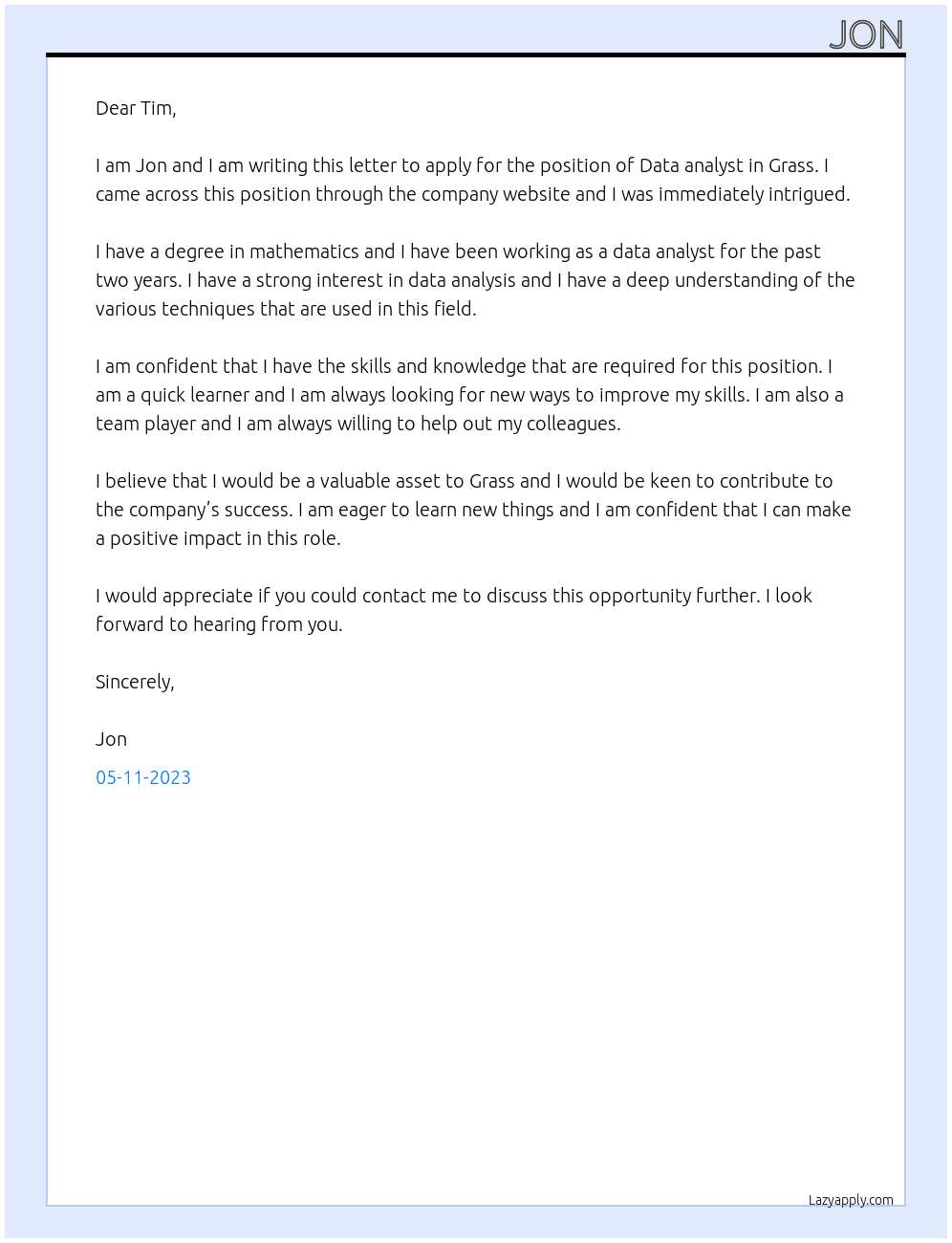 Data analyst  At Grass Cover Letter