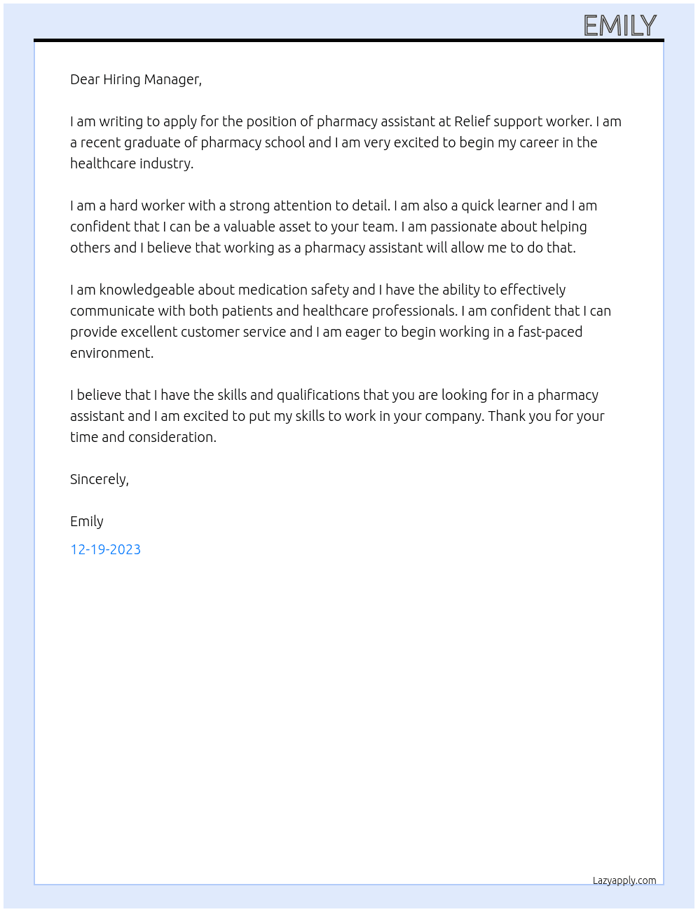 Pharmacy assistant  At Relief support worker  Cover Letter