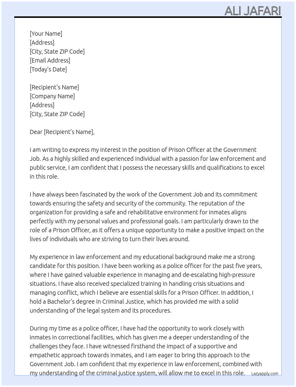 prison officer  At government job Cover Letter