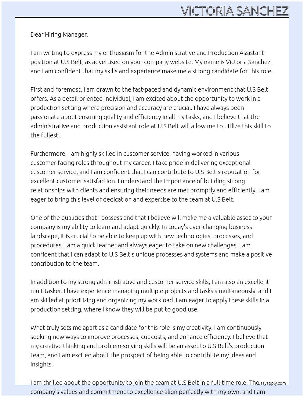 Administrative and Production Assistant At U.S Belt Cover Letter