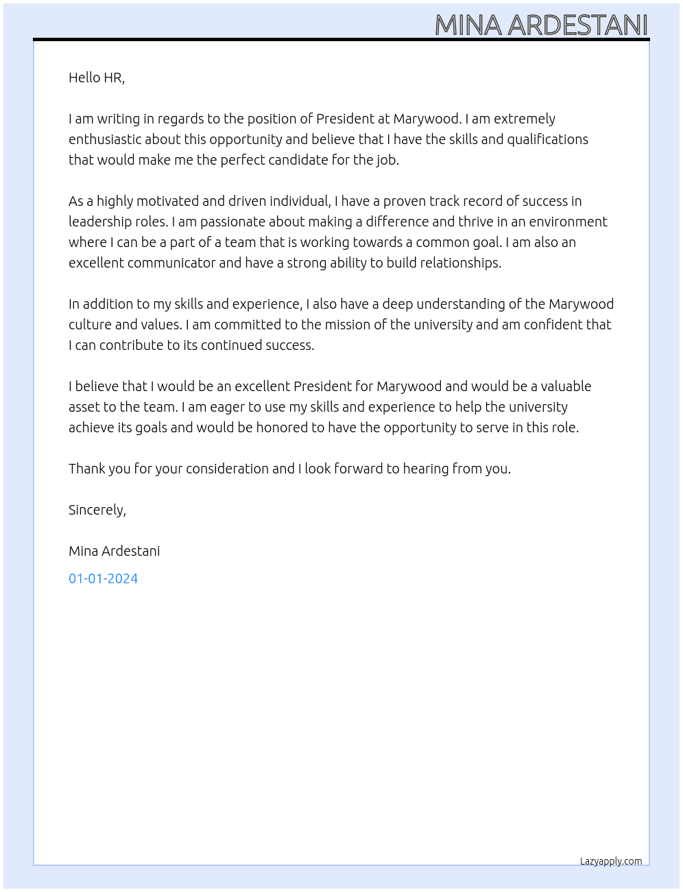 President At Marywood Cover Letter