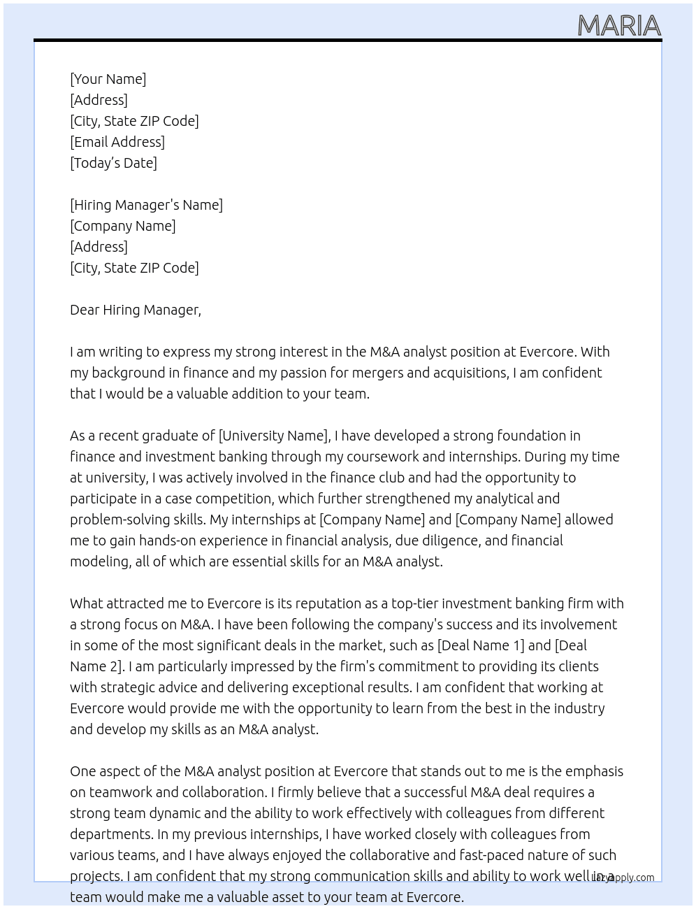 M&A analyst At Evercore Cover Letter