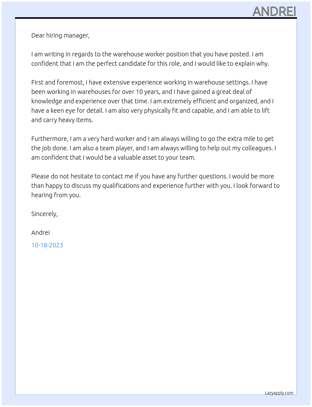 warehouse worker At Carrière Uitzendbureau Cover Letter