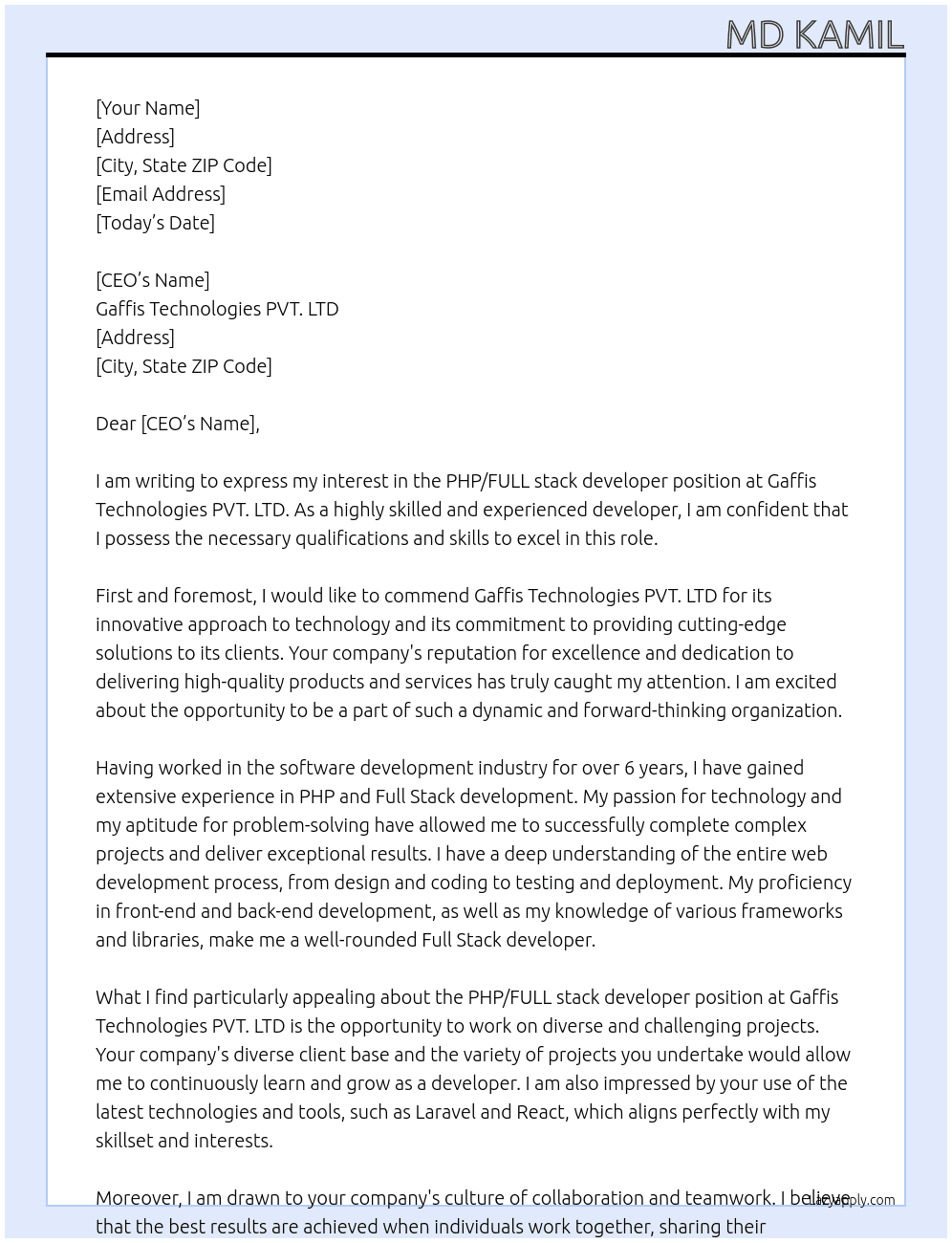 PHP/FULL stack developer At Gaffis Technologies PVT . LTD Cover Letter