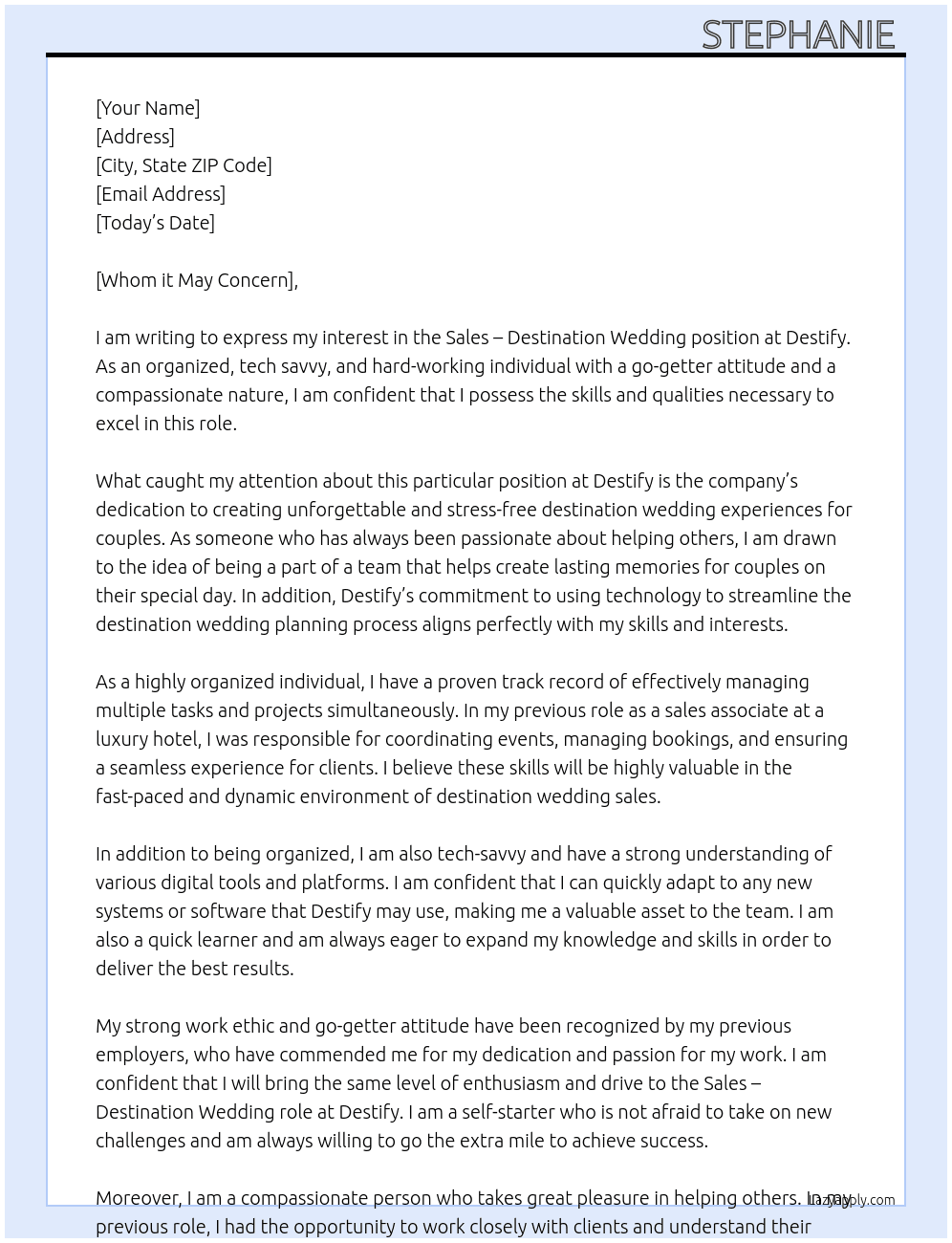 Sales - Destination Wedding  At Destify Cover Letter