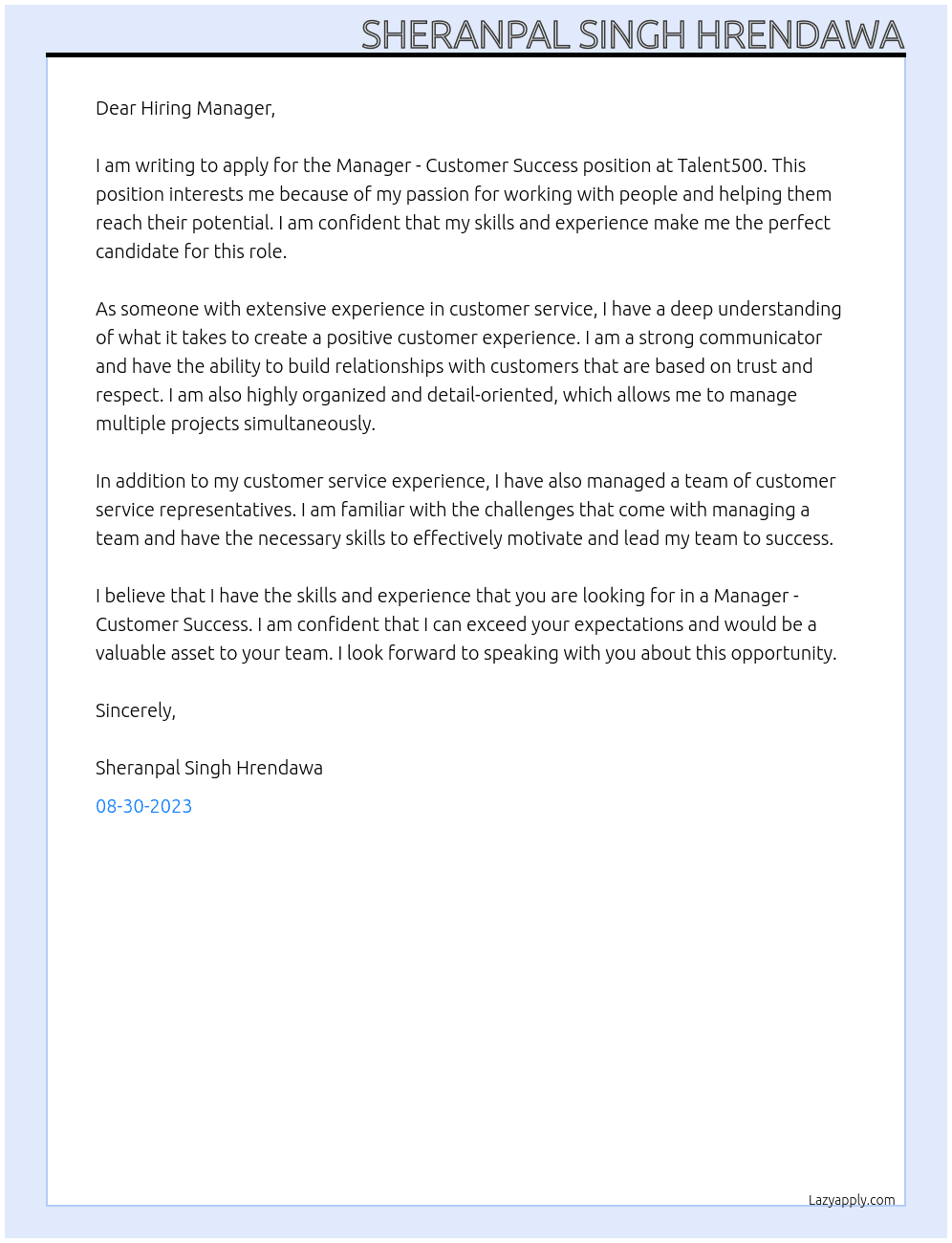 Manager - Customer Success At Talent500 Cover Letter