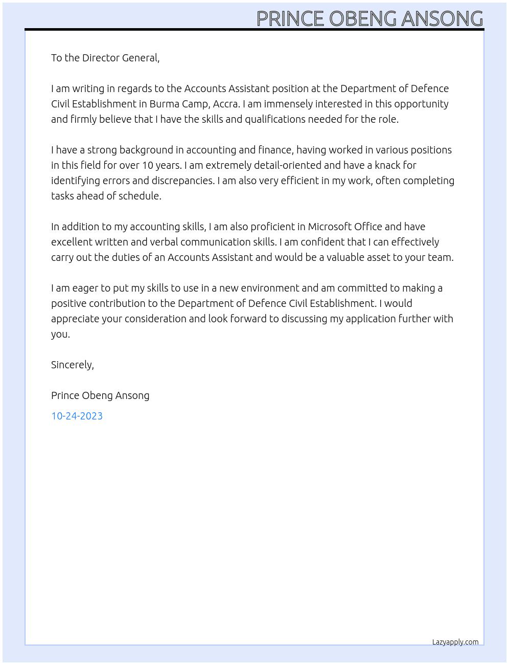Accounts Assistant At Ministry of Defence, Accra Cover Letter
