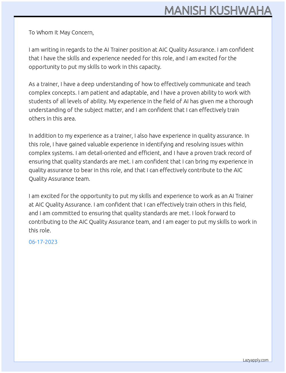 AI Trainer, AIC Quality Assurance At SG Recruitment Company Cover Letter