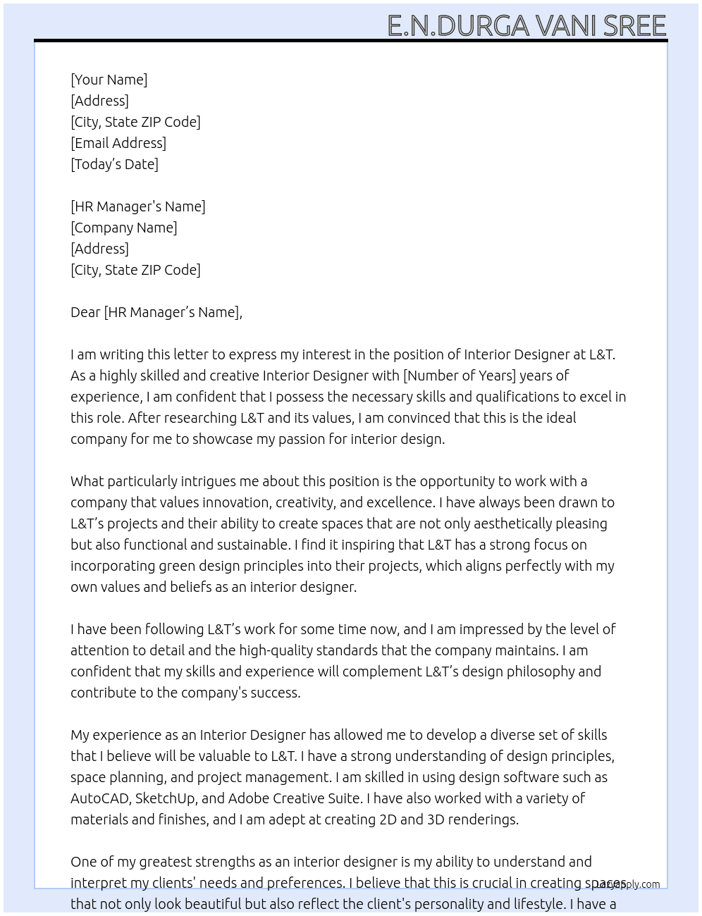 interior designer At L&T Cover Letter